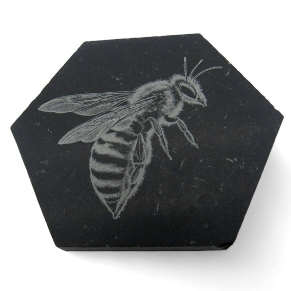 BEE and FLOWER Tiles Engraved Natural Stone Set of 7 Hexagon Mosaic - Picture 3 of 10